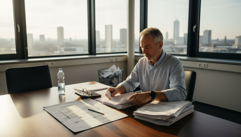 Ein Mann sitzt an einem Schreibtisch und prüft Dokumente vor der Skyline.