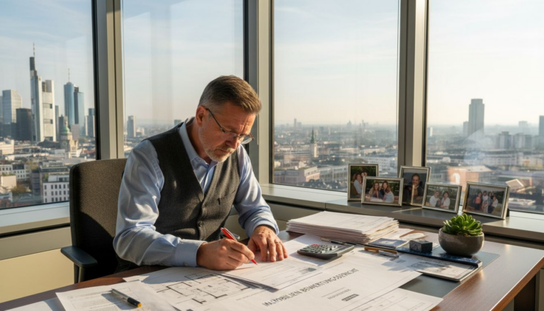 Ein Mann sitzt an einem Schreibtisch mit Skyline im Hintergrund und bearbeitet ein Immobiliengutachten.