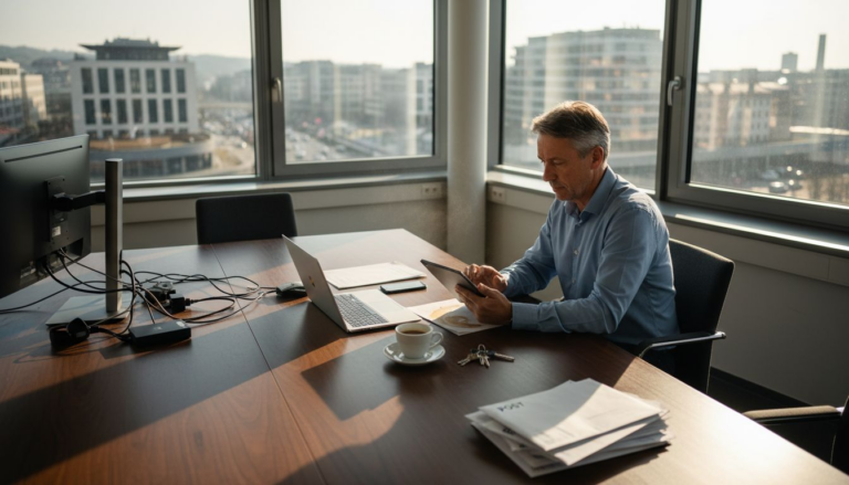 Mann arbeitet an einem Tablet in einem Büro mit Blick auf eine Stadt, Laptops, Kaffee und Schlüssel auf dem Tisch.