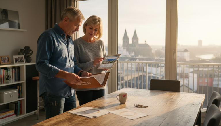 Ein Paar in Mainz oder Wiesbaden plant Immobiliengeschäfte mit Tablet und Dokumenten vor der Skyline mit Dom.