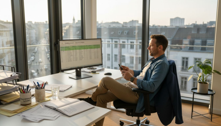Der Immobilienverwalter arbeitet in einem hellen, freundlichen Büro.