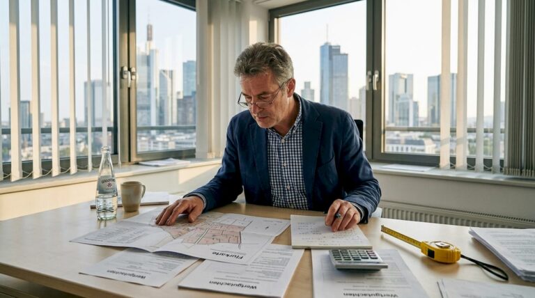 Ein Immobiliengutachter nimmt im Büro die Unterlagen einer Immobilie genau unter die Lupe.