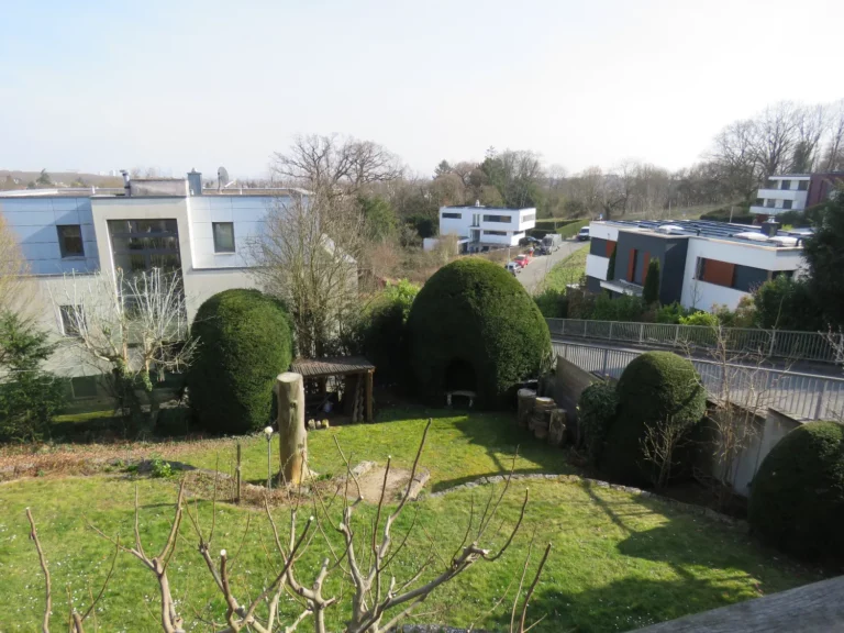 Blick von der Wohnung in Bad Soden auf einen gepflegten Garten mit modernen Häusern im Hintergrund.