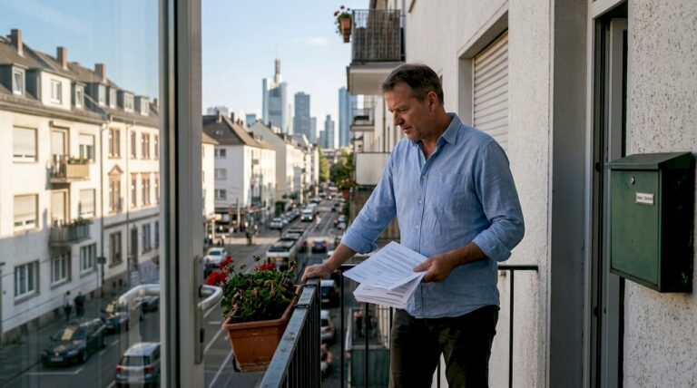 Wohnungseigentümer sitzt auf seinem Frankfurter Balkon und kümmert sich um seine Unterlagen.