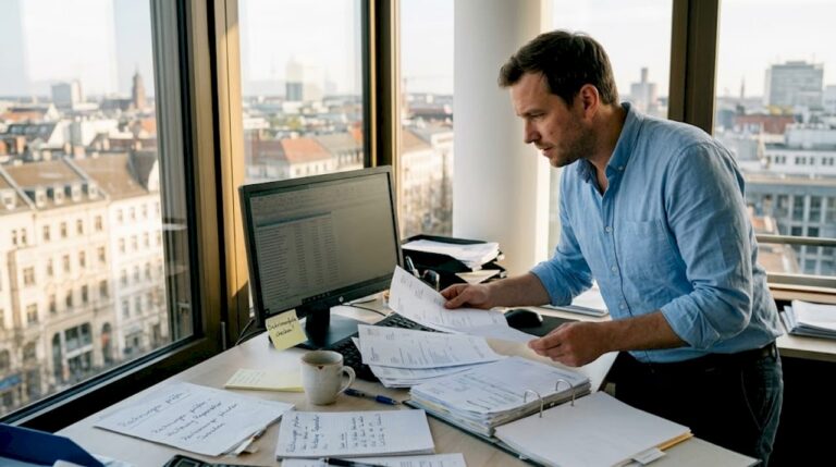 Ein Hausverwalter sitzt im Büro und sortiert die eingehenden Rechnungen.