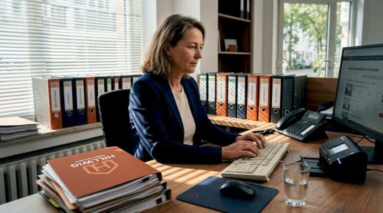 Eine Immobilienverwalterin sitzt an ihrem Schreibtisch im Maklerbüro und erledigt ihre täglichen Aufgaben.