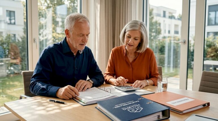 Im Besprechungsraum gehen die Eigentümer gemeinsam die Unterlagen durch.