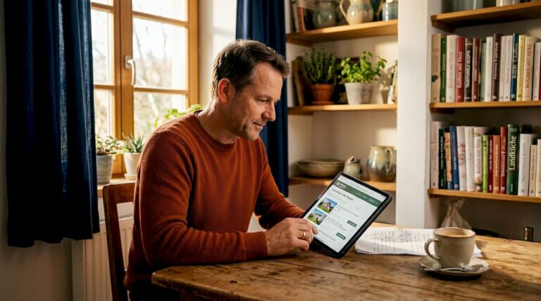 Ein Mann sitzt am Tisch und stöbert auf seinem Tablet durch ein Immobilienportal.