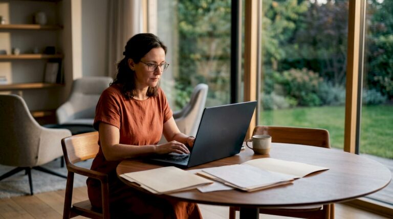 Eine Frau steuert ihre Immobilien bequem von zuhause aus über ihren Laptop.