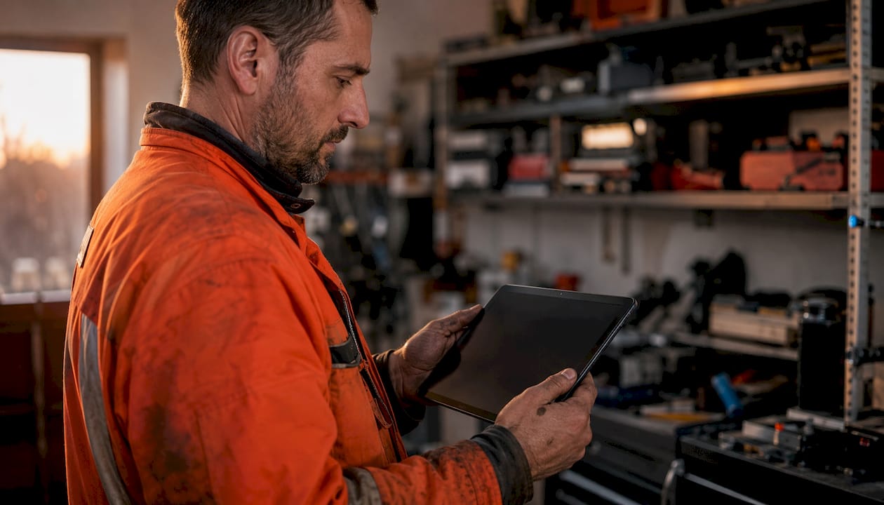 Der Servicetechniker hält die Wartungsarbeiten direkt am Tablet fest.