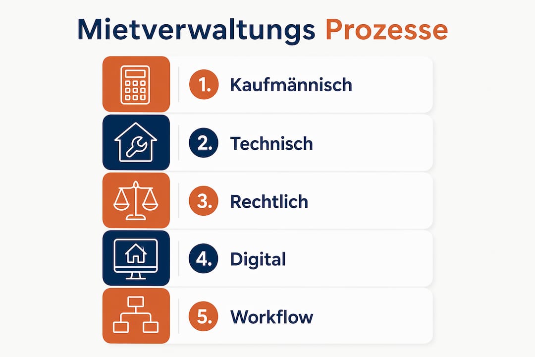 Übersichtliche Infografik mit den wichtigsten Schritten im Mietverwaltungsprozess – anschaulich nummeriert dargestellt.