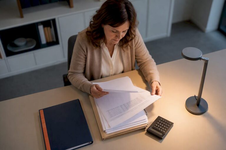 Vermieterin sieht sich die Betriebskostenabrechnung am Schreibtisch genau an