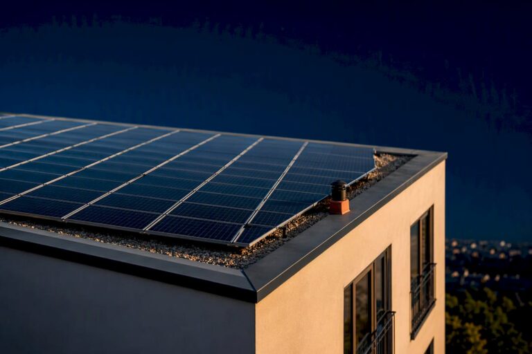 Photovoltaik-Module auf dem Dach eines unbenannten Mehrfamilienhauses