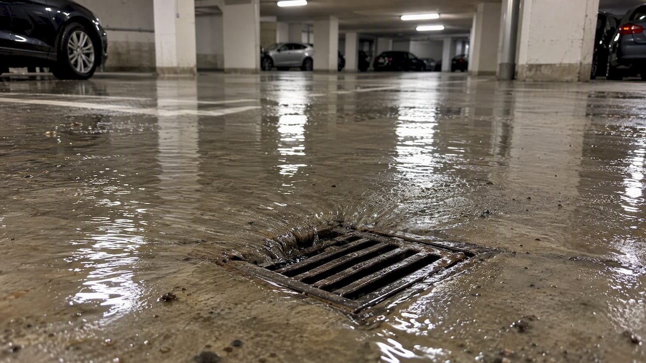 Wasser steht im Bodenablauf einer Tiefgarage